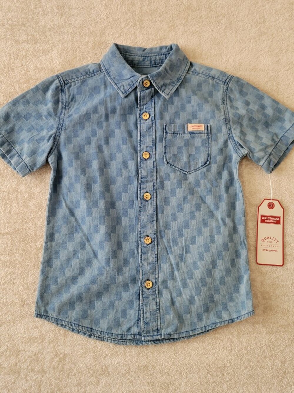 Levi Strauss Signature Checkered Denim Button Down Shirt Boys 4-5 yrs Blue Short